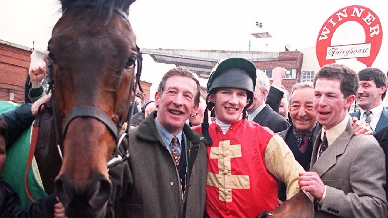 Thomas Carberry racing family, Tommy, Paul and Thomas with Grand National winner BobbyJo